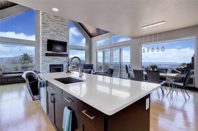 kitchen with a sink, open floor plan, light countertops, light wood-style floors, and dark brown cabinetry