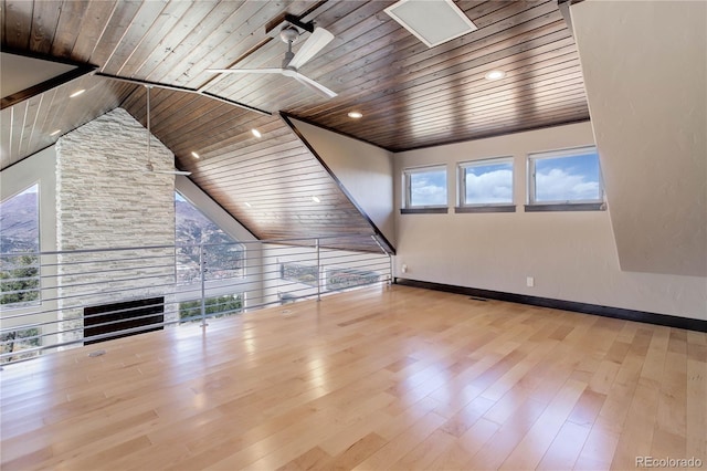 unfurnished living room featuring baseboards, wooden ceiling, ceiling fan, wood finished floors, and high vaulted ceiling