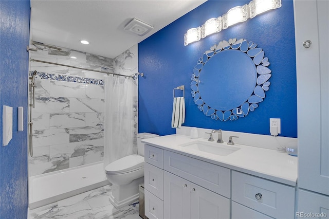 bathroom featuring walk in shower, vanity, and toilet