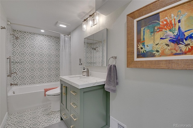 full bathroom with shower / tub combo, tile patterned flooring, vanity, and toilet