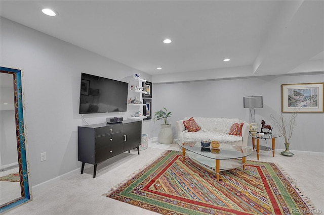 living room with light colored carpet