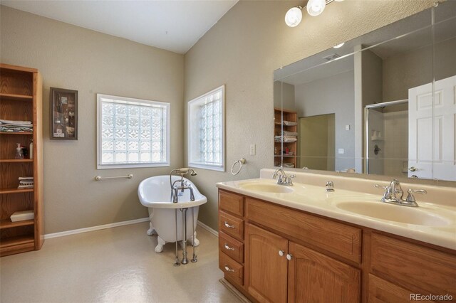 523 Pulver Rd, Lake George, CO 80827 - full bathroom with a shower with shower door, a freestanding tub, and double vanity