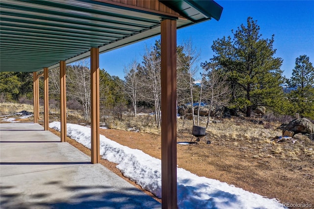 523 Pulver Rd, Lake George, CO 80827 - snow covered patio featuring a patio and view of wooded area