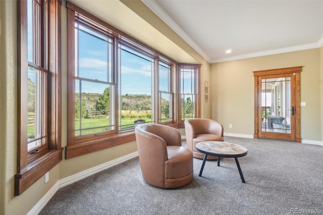 sitting room featuring crown molding, plenty of natural light, and carpet flooring