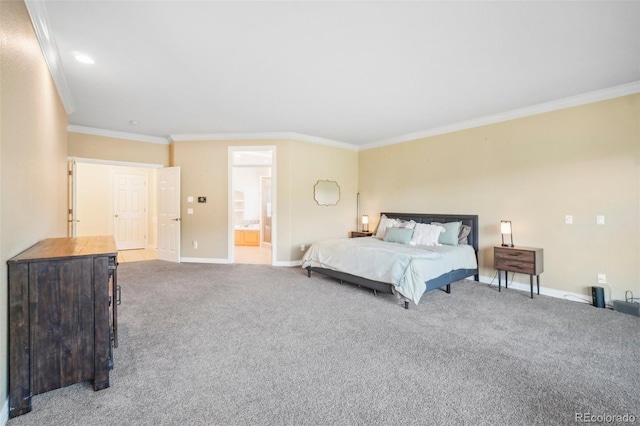 carpeted bedroom featuring ensuite bathroom and ornamental molding