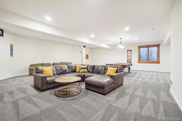 living room featuring light carpet and billiards