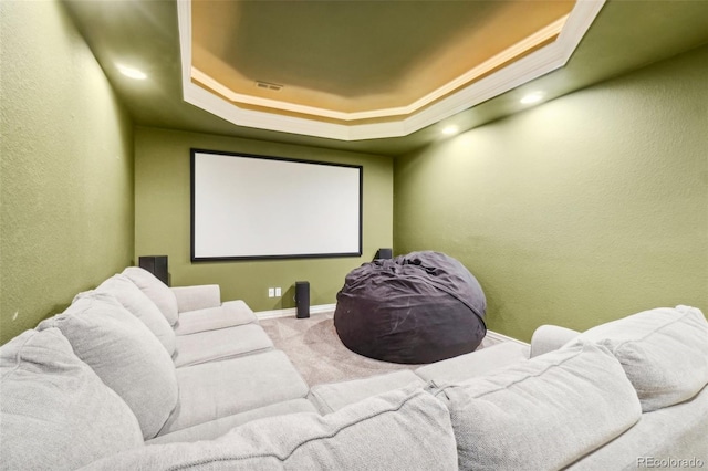 cinema with a tray ceiling and carpet floors