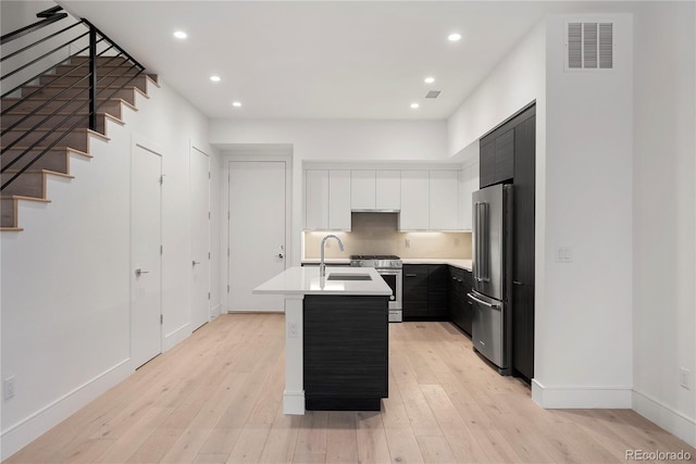 kitchen featuring stainless steel appliances, sink, a kitchen island with sink, and light hardwood / wood-style flooring