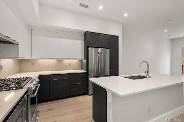 kitchen featuring white cabinetry, sink, an island with sink, and appliances with stainless steel finishes