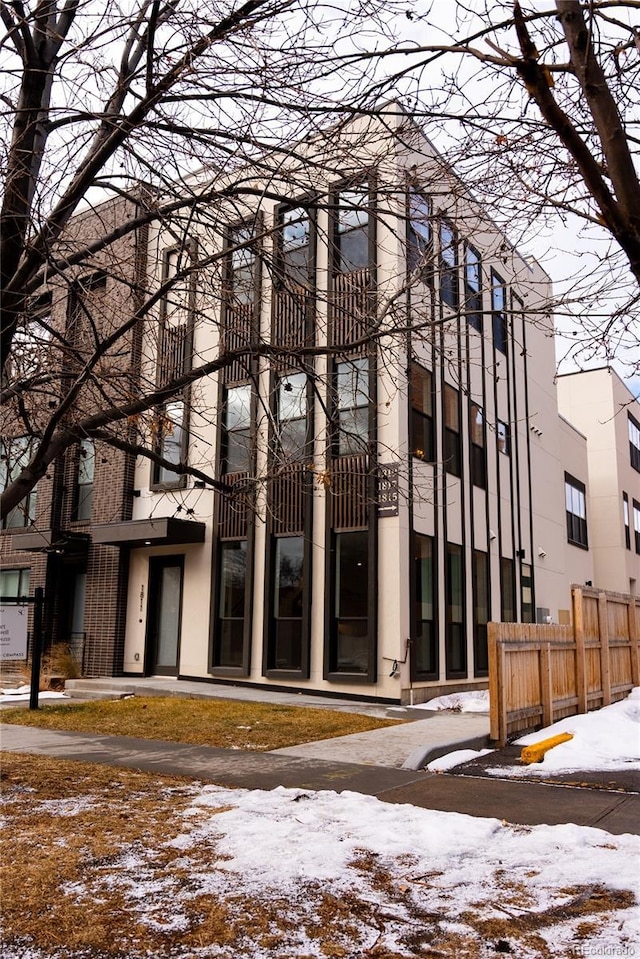 view of snow covered building