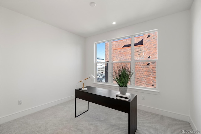 carpeted home office featuring recessed lighting and baseboards