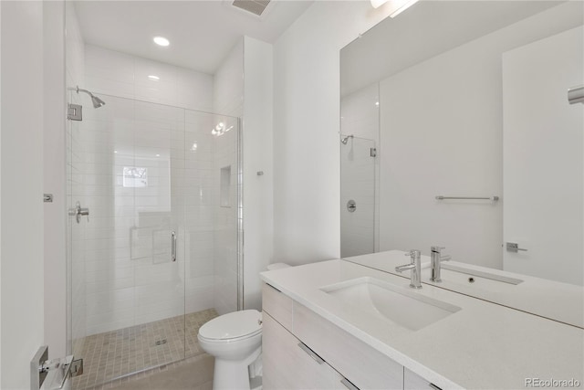 full bath with visible vents, vanity, toilet, and a shower stall