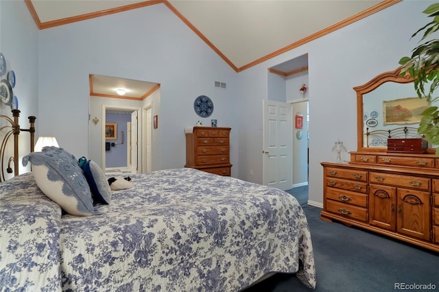 5155 W Quincy Ave Unit L101, Denver, CO 80236 - bedroom with crown molding, dark carpet, and high vaulted ceiling