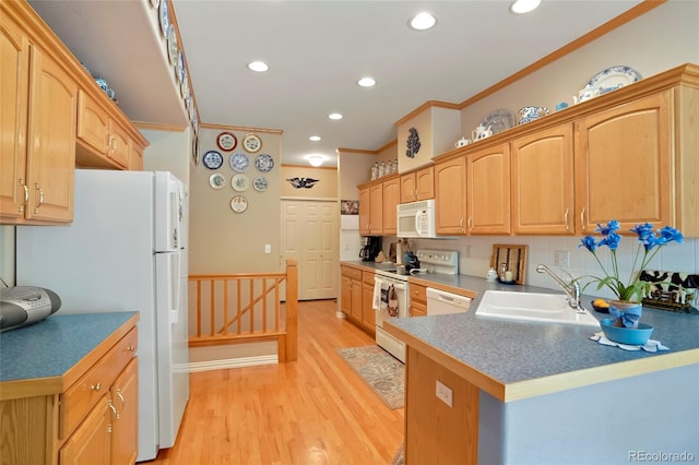 5155 W Quincy Ave Unit L101, Denver, CO 80236 - kitchen with white appliances, light wood-type flooring, recessed lighting, crown molding, and light brown cabinets