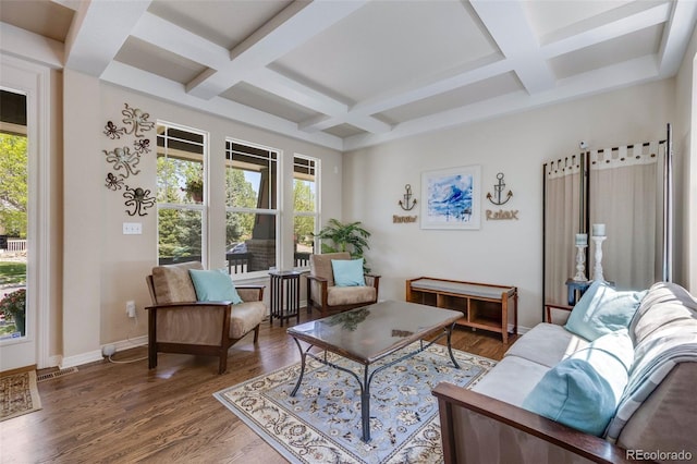 13324 W 86th Dr, Arvada, CO 80005 - living room featuring coffered ceiling, baseboards, beam ceiling, and wood finished floors