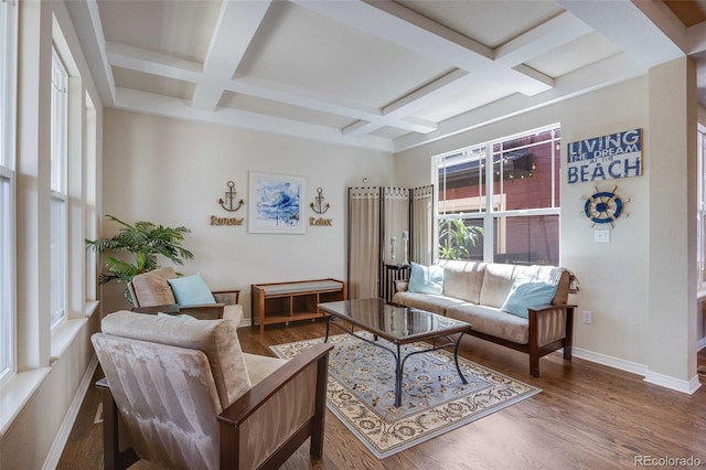 13324 W 86th Dr, Arvada, CO 80005 - living area featuring coffered ceiling, baseboards, dark wood-type flooring, and beam ceiling