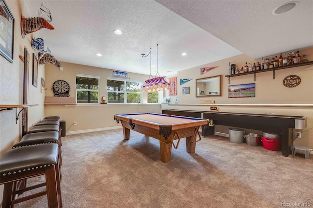 13324 W 86th Dr, Arvada, CO 80005 - recreation room featuring a textured ceiling, carpet, pool table, baseboards, and recessed lighting