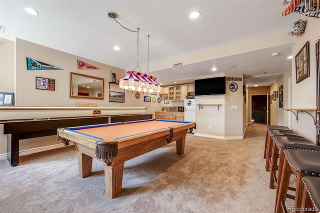 13324 W 86th Dr, Arvada, CO 80005 - game room featuring light colored carpet, recessed lighting, a bar, baseboards, and pool table