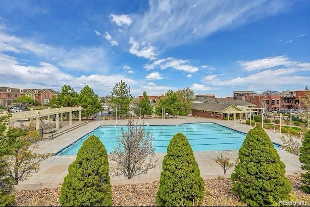 13324 W 86th Dr, Arvada, CO 80005 - community pool featuring a pergola, a residential view, and a patio area