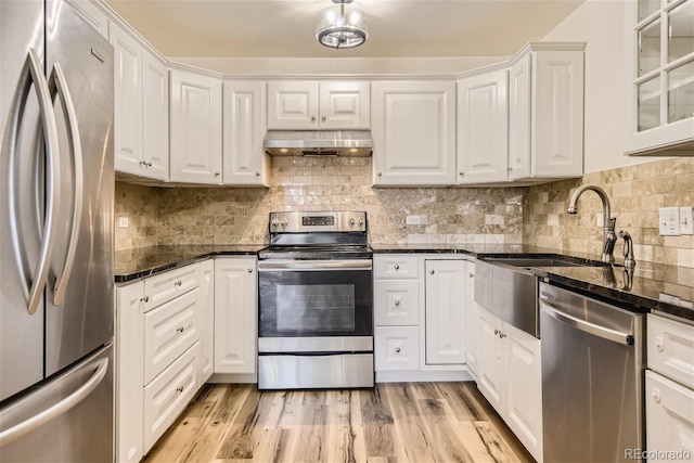 kitchen with exhaust hood, appliances with stainless steel finishes, white cabinets, and tasteful backsplash