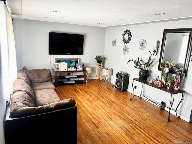 living room featuring wood-type flooring and a textured ceiling