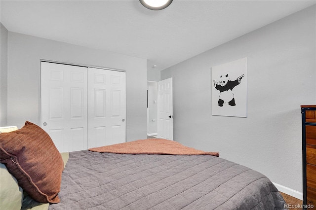 bedroom with wood-type flooring and a closet