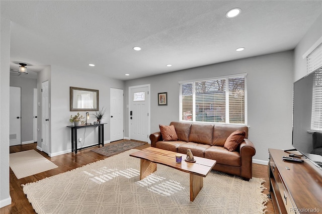 living room with a textured ceiling and light hardwood / wood-style flooring