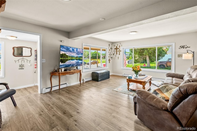 1775 Longbranch St, Strasburg, CO 80136 - living room featuring a baseboard radiator, wood finished floors, and a baseboard heating unit