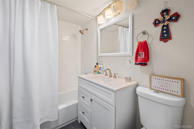 1775 Longbranch St, Strasburg, CO 80136 - full bathroom with vanity, shower / tub combo, and tile patterned flooring