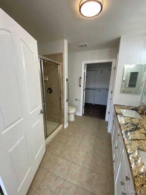 bathroom featuring vanity, a textured ceiling, a shower with shower door, and toilet