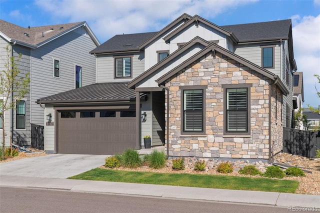 11103 Cloud Shadow St, Littleton, CO 80125 - craftsman-style home with stone siding, concrete driveway, an attached garage, and a metal roof