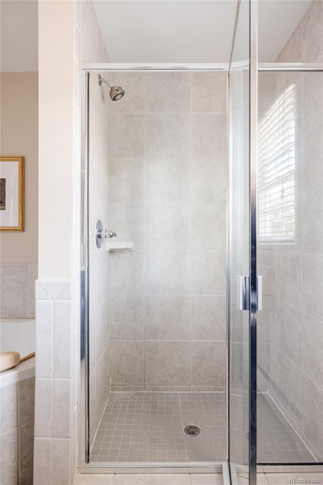 bathroom featuring a shower with shower door