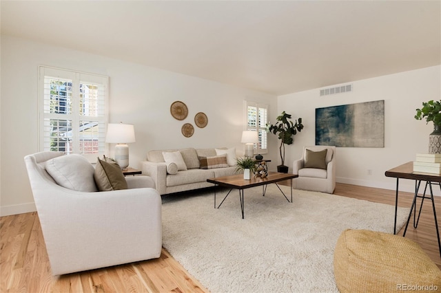 living room with light hardwood / wood-style flooring and a wealth of natural light