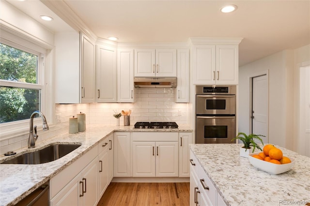 kitchen featuring sink, light stone countertops, appliances with stainless steel finishes, light hardwood / wood-style floors, and white cabinetry