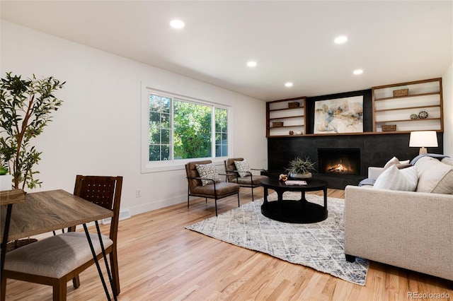 living room featuring light hardwood / wood-style floors and a tile fireplace