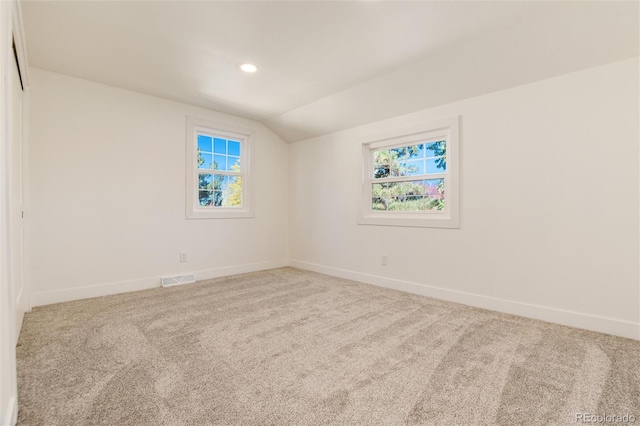 carpeted spare room featuring plenty of natural light and lofted ceiling