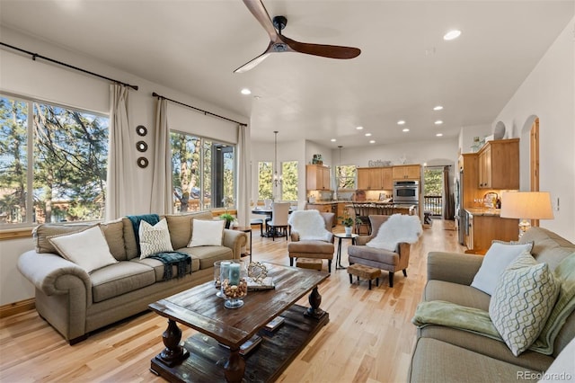 living room with light wood-style floors and a wealth of natural light