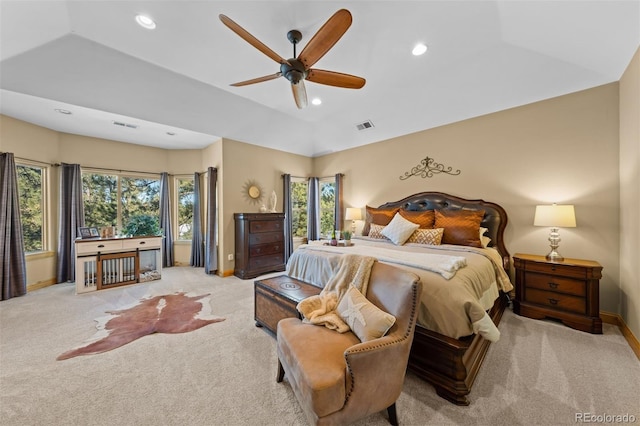 bedroom featuring baseboards, multiple windows, visible vents, and recessed lighting