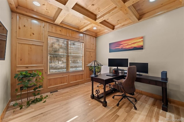 home office featuring baseboards, coffered ceiling, wood ceiling, beamed ceiling, and light wood-style floors