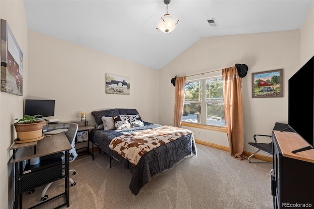 bedroom featuring lofted ceiling, light colored carpet, visible vents, and baseboards