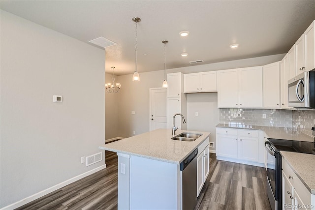 kitchen with sink, appliances with stainless steel finishes, white cabinetry, hanging light fixtures, and a center island with sink