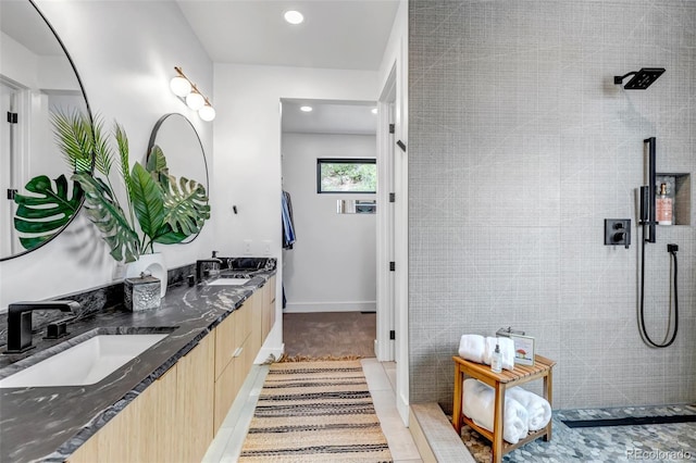 202 October Pl, Castle Rock, CO 80104 - full bathroom featuring double vanity, tiled shower, and recessed lighting