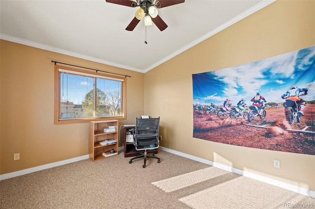 office area featuring crown molding, ceiling fan, vaulted ceiling, and carpet