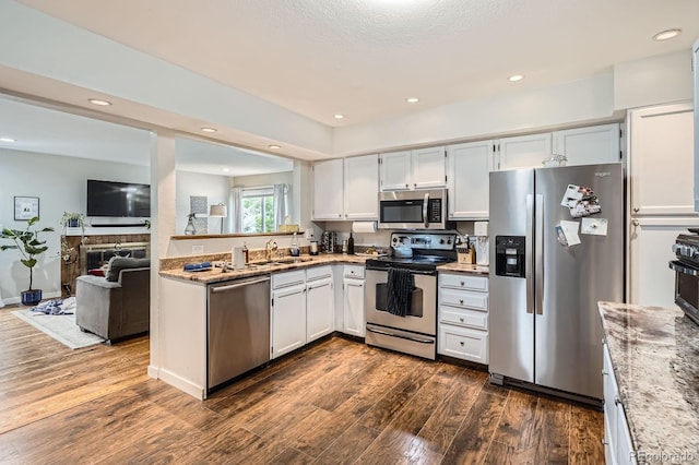 7198 Eaton Ct, Arvada, CO 80003 - kitchen with stainless steel appliances, dark wood-type flooring, a sink, light stone counters, and recessed lighting