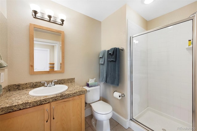 1560 Milwaukee St Unit 240, Denver, CO 80206 - full bath featuring a shower stall, tile patterned flooring, toilet, vanity, and baseboards