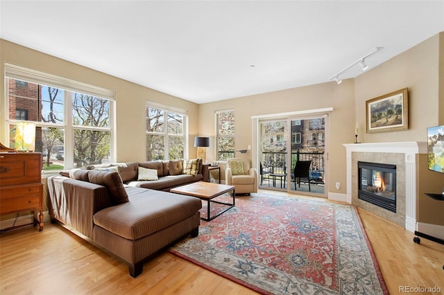 1560 Milwaukee St Unit 240, Denver, CO 80206 - living area featuring a fireplace, track lighting, light wood-style flooring, and baseboards