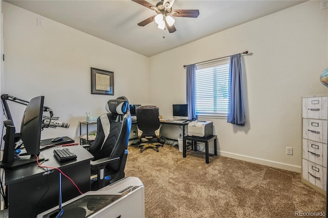 40051 Cold Iron Rd, Ramah, CO 80832 - home office with a ceiling fan, carpet, and baseboards
