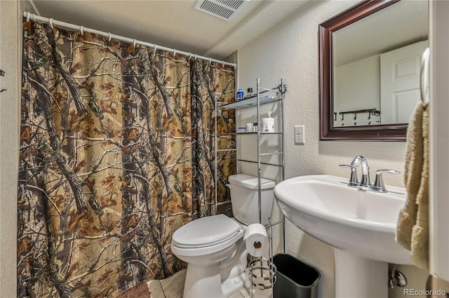 40051 Cold Iron Rd, Ramah, CO 80832 - full bathroom featuring a textured wall, toilet, a sink, and a shower with shower curtain