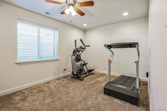 40051 Cold Iron Rd, Ramah, CO 80832 - exercise area featuring carpet floors, a ceiling fan, baseboards, and recessed lighting