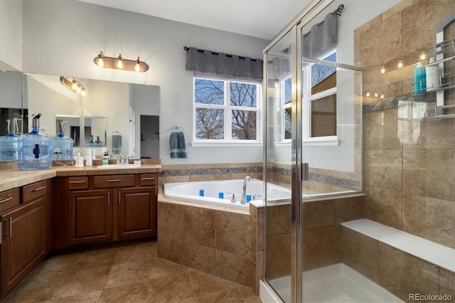 bathroom with plus walk in shower and vanity